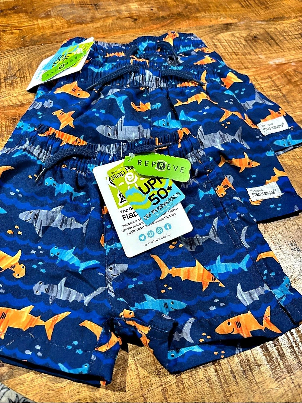 BUNDLE-Flap Happy Shark Print Swim Trunks UPF 50+ + Blue & Orange 12m, 18m and 2